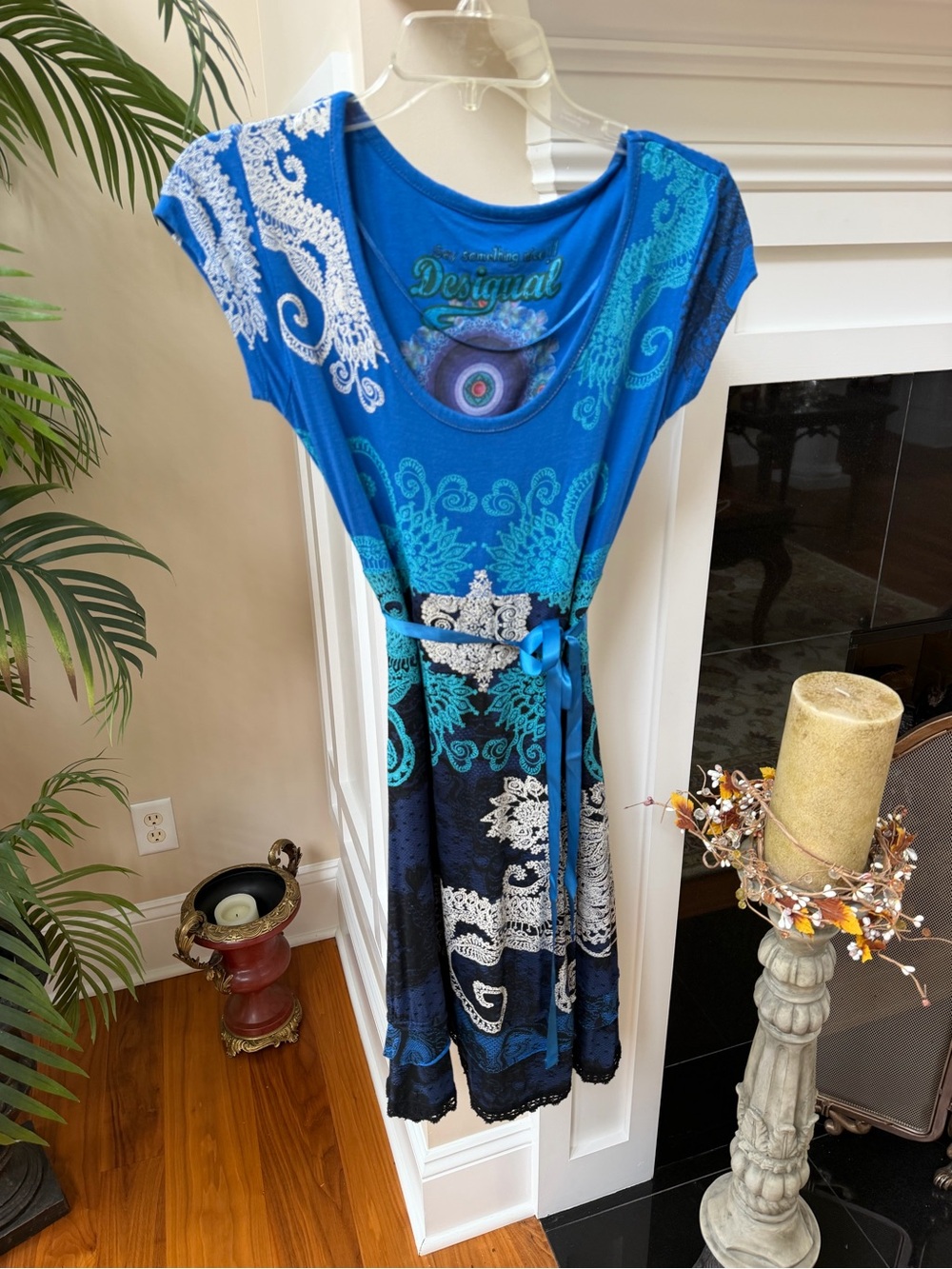 Desigual Teal & Blue Printed Midi Dress with Ribbon Belt